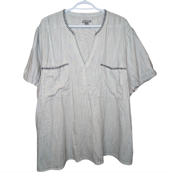 NWT Falls Creek White Navy Boho Striped Short Puff Sleeve Shirt Blouse 3XL Plus - Picture 1 of 12